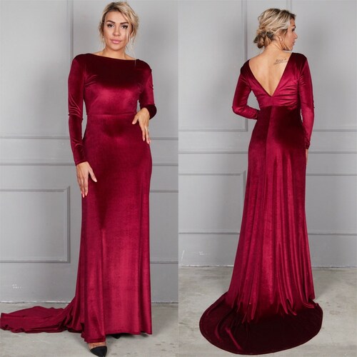 Burgundy Velvet Dress with Train, Deep Back Velvet Dress, Long Sleeve Maxi Dress, Plunging Back Dress, Bridesmaid Deep Back Gown