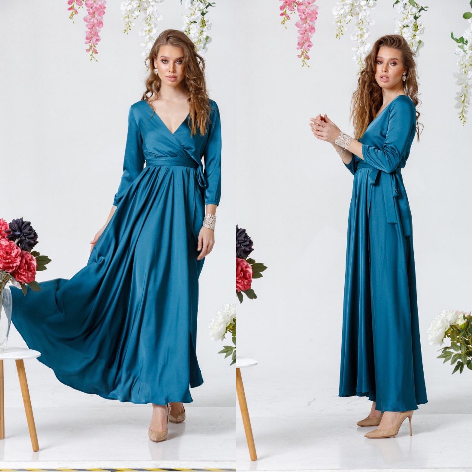 Dark Green Wrap Dress 3/4 sleeve Long Dress Silk Maxi Dress Etsy