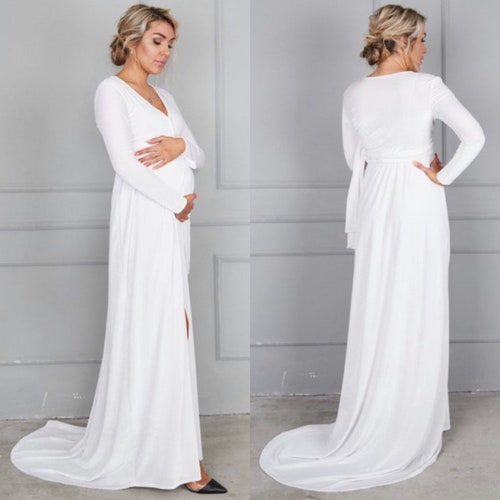 White Velvet Dress with Train, Long Sleeve Velvet Dress, Maternity Wrap Maxi Dress, Wedding Wrap Gown with Train, Bridesmaid Wrap Dress