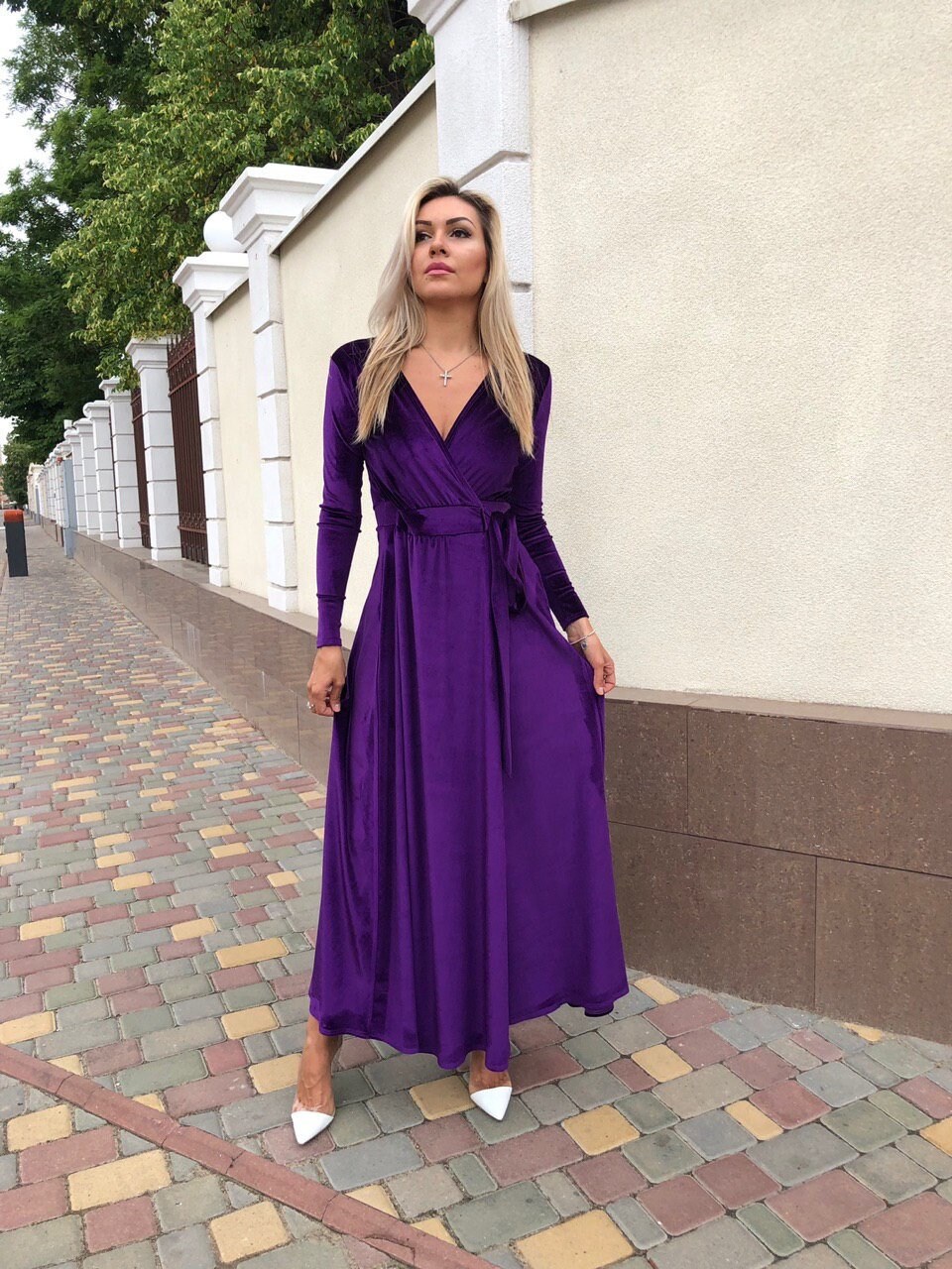 Long Sleeve Velvet Dress Wrap Maxi ...