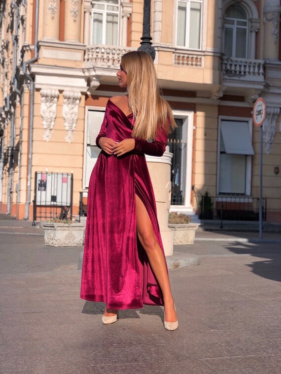 Burgundy Velvet Dress off Shoulder Velvet Dress Velvet Maxi | Etsy