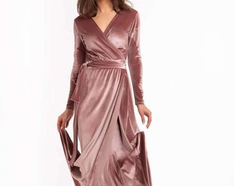 Long Sleeve Velvet Dress Wrap Maxi ...