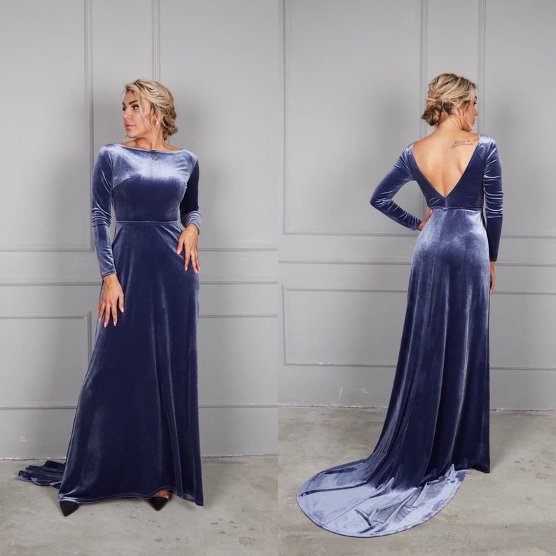 Steel Blue Velvet Dress with Train Deep Back Velvet Dress Etsy