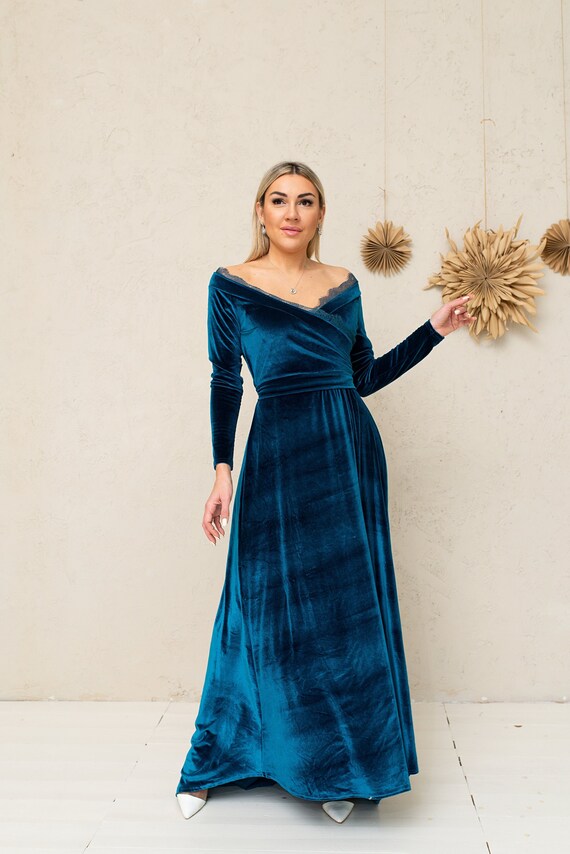 Dark Teal off Shoulder Velvet Lace Dress Etsy Israel