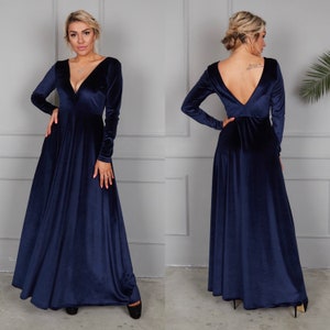 Navy Blue Velvet Dress, V-Neck Velvet Dress, Party Maxi Dress, Bridesmaid Deep Back Gown, Velvet Bridesmaid Dress, A-line Velvet Dress