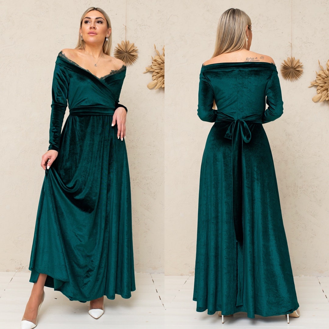 Emerald Green Velvet Lace Dress off Shoulder Velvet Dress - Etsy