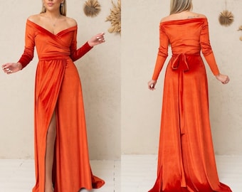 Orange Velvet Dress with Train, off Shoulder Velvet Dress, Velvet Maxi Dress, Bridesmaid Gown with train, Velvet Bridesmaid Dress,