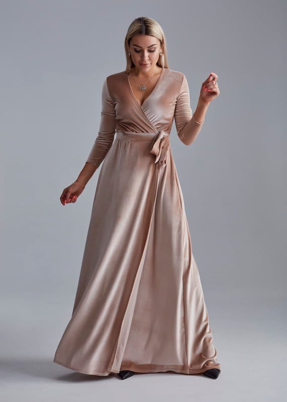 Gold Velvet Dress With Train Wrap Maxi Dress With Sheer Mesh