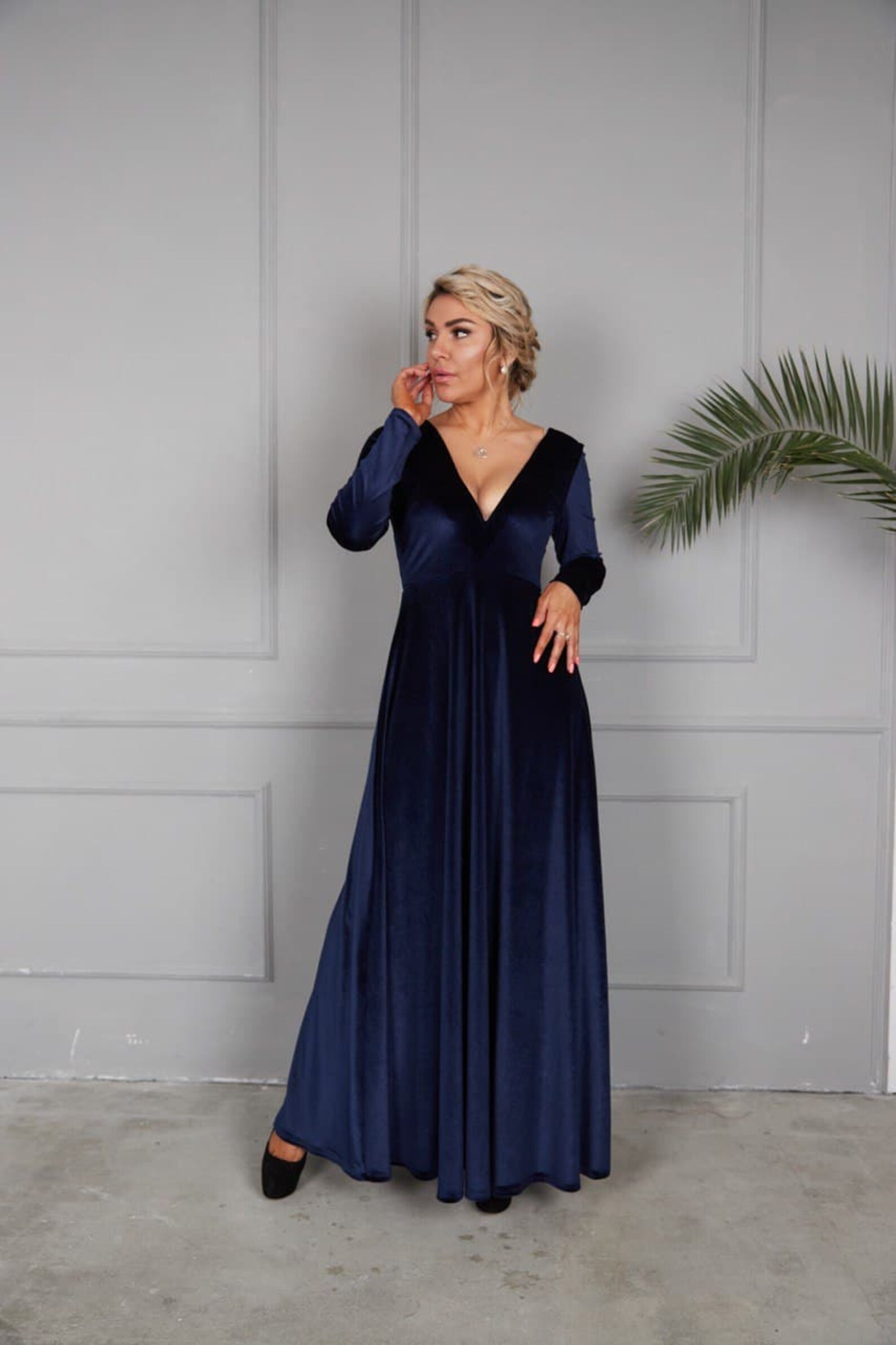 Navy Blue Velvet Dress Vneck Velvet Dress Party Maxi Dress Etsy