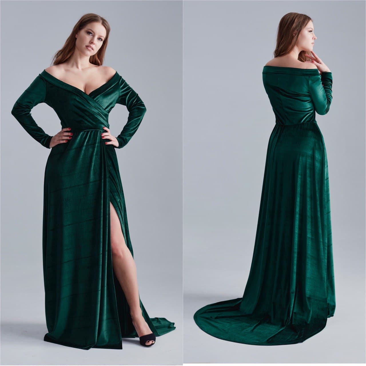 Emerald Green Velvet Dress With Train 