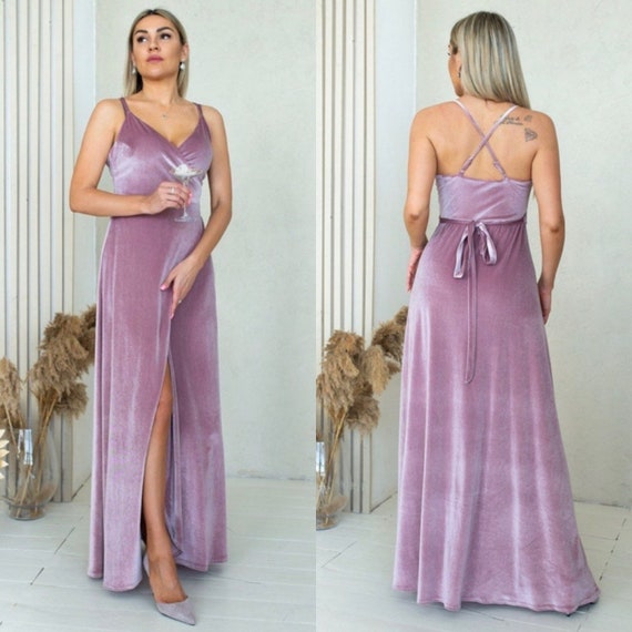 Pink Spaghetti Strap Backless Velvet Dress Wrap Maxi Spaghetti