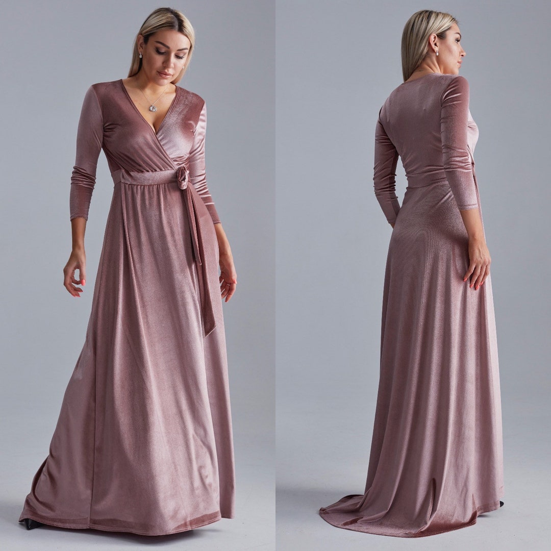 Mauve Velvet Dress With Train Long Sleeve Velvet Dress Wrap - Etsy
