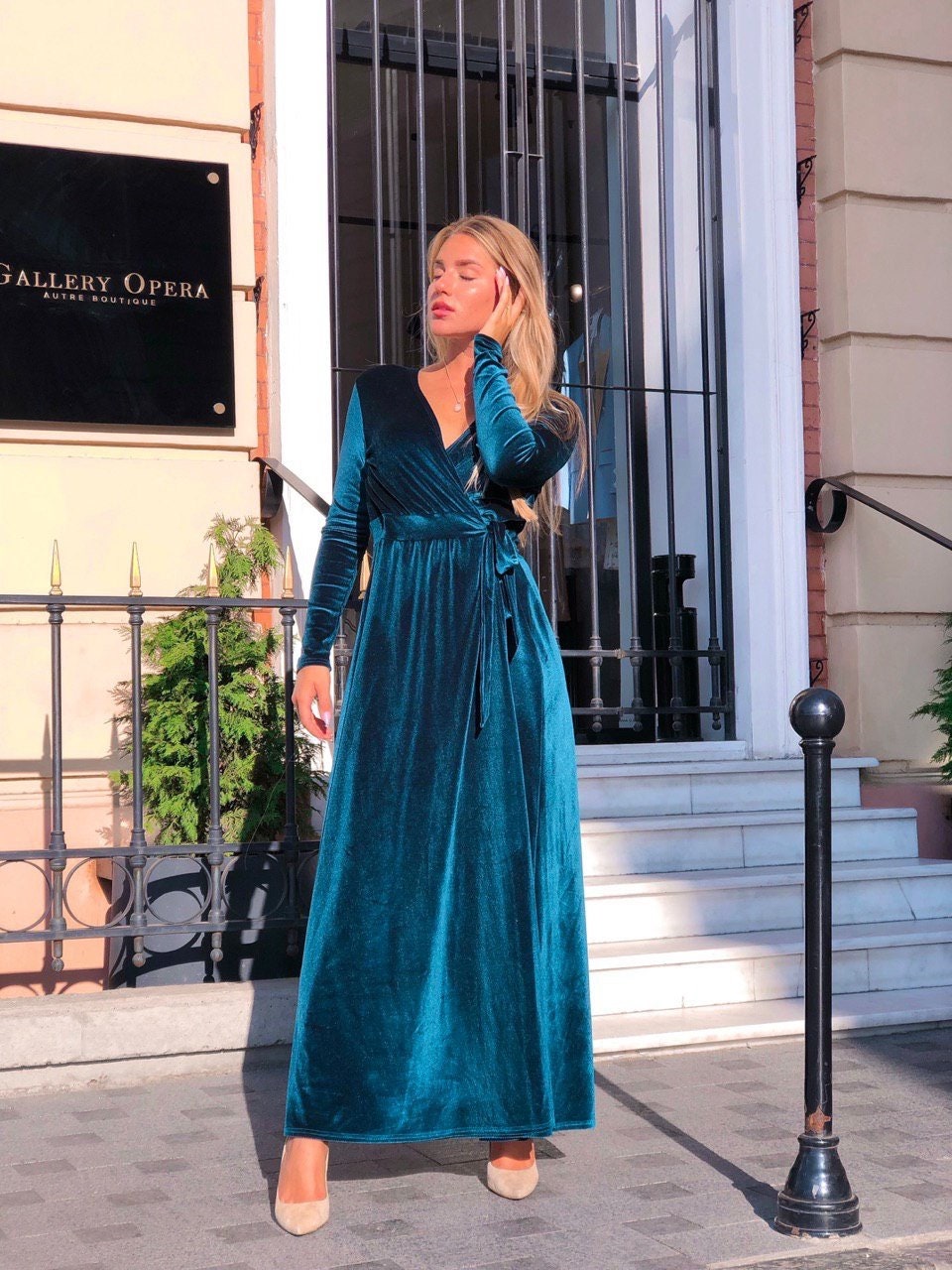Navy Blue Velvet Dress Long Sleeve 