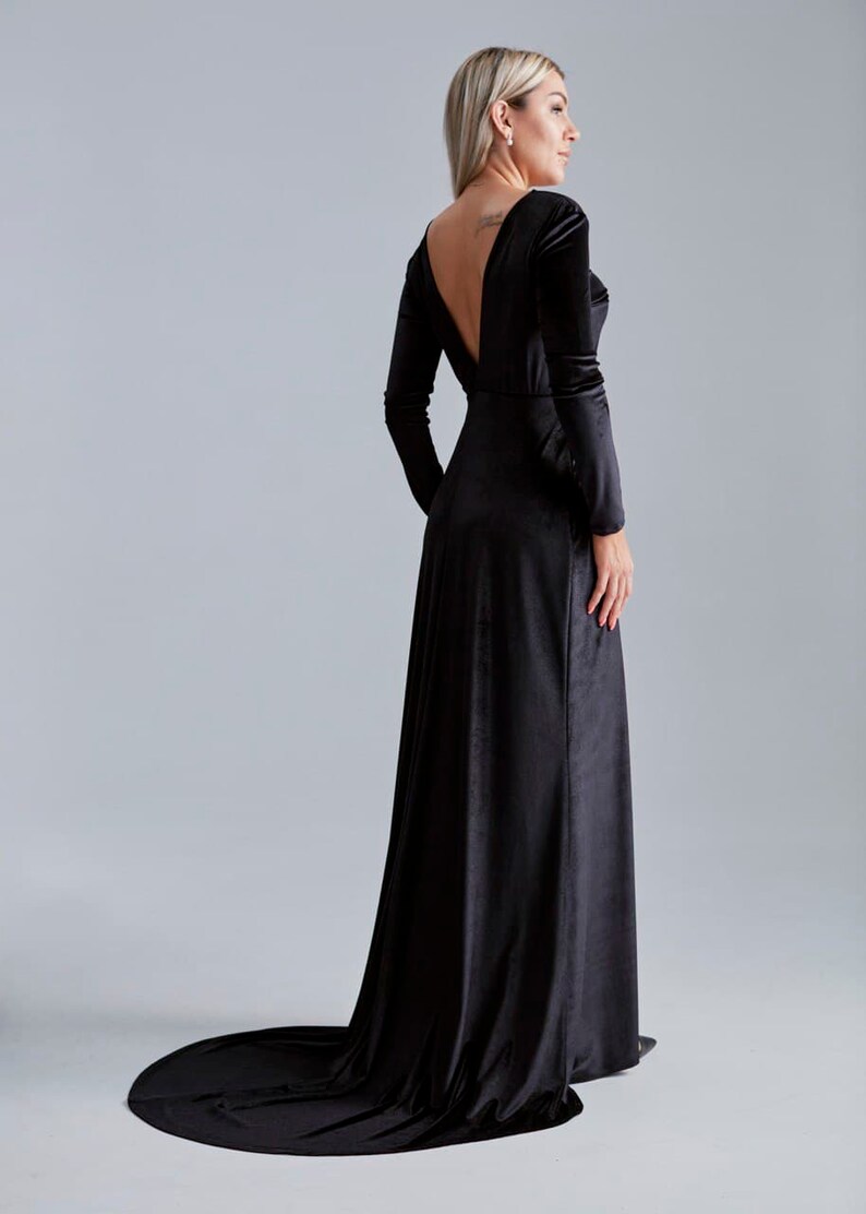 Steel Blue Velvet Dress With Train Deep Back Velvet Dress Etsy