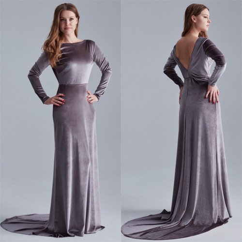 Light Cappuccino Velvet Dress with Train, Deep Back Velvet Dress, Long Sleeve Maxi Dress, Plunging Back Dress, Bridesmaid Deep Back Gown