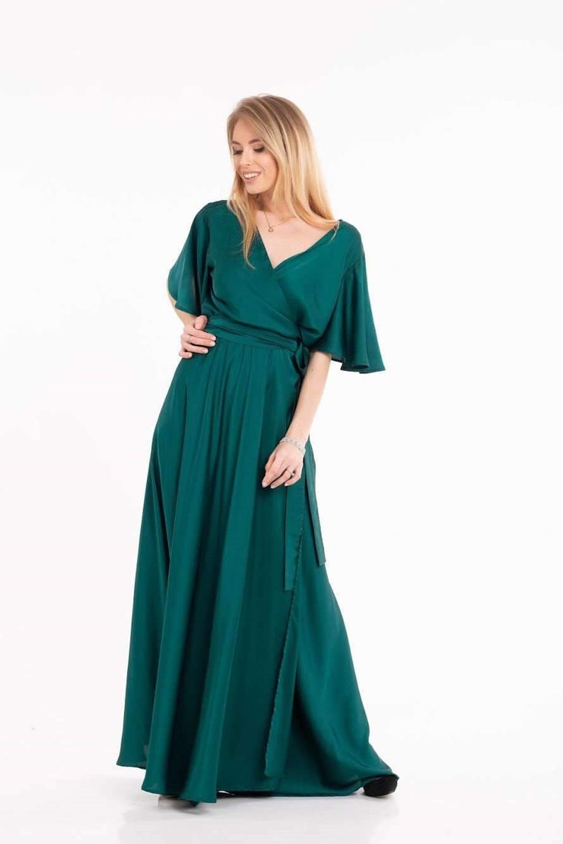 Champagne Wrap Dress Flutter Sleeve Long Dress Silk Maxi Emerald Green