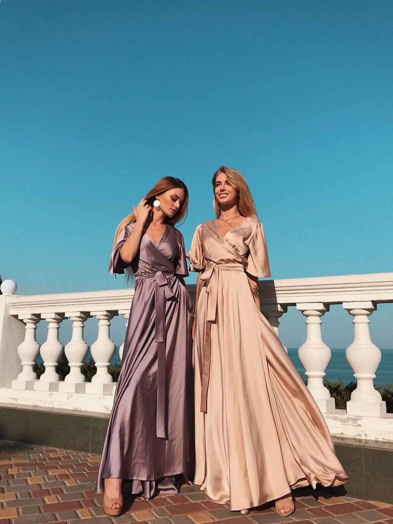 Champagne Wrap Dress Flutter Sleeve Long Dress Silk Maxi Mauve