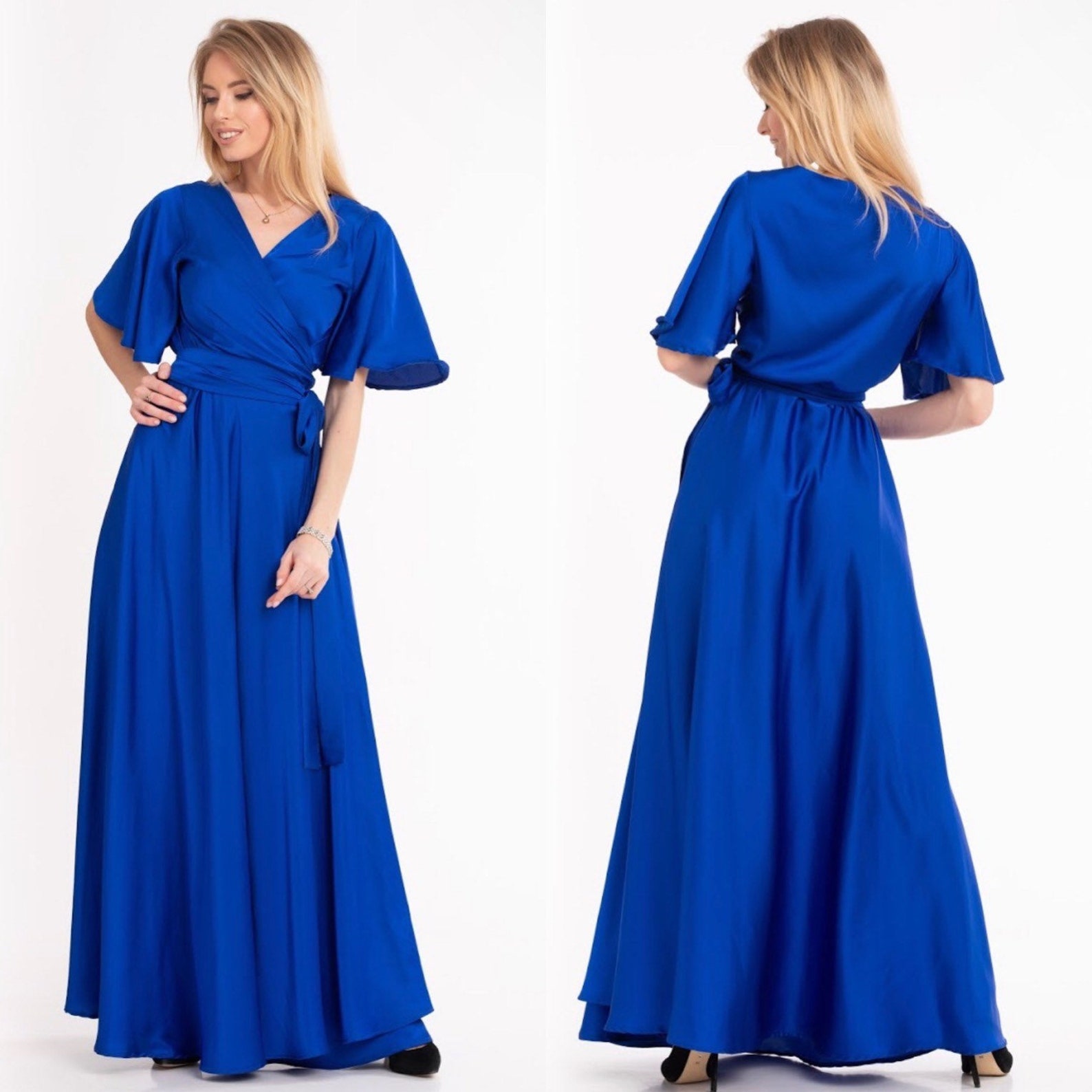 Light Pink Wrap Dress Flutter Sleeve Long Dress Silk Maxi Etsy