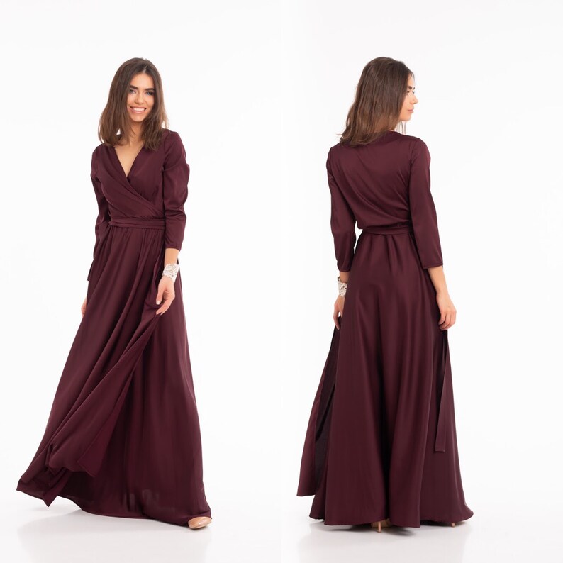 Aquamarine Wrap Dress 3/4 sleeve Long Dress Silk Maxi Dress Burgundy