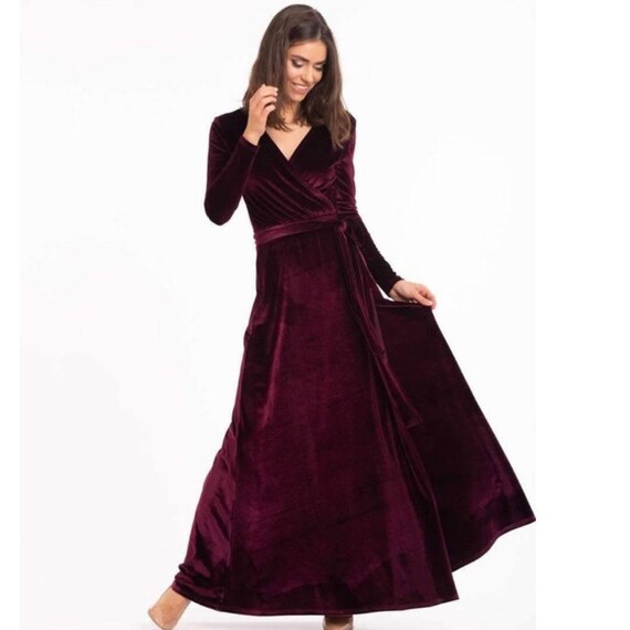 Marsala Velvet Dress Long Sleeve Velvet 