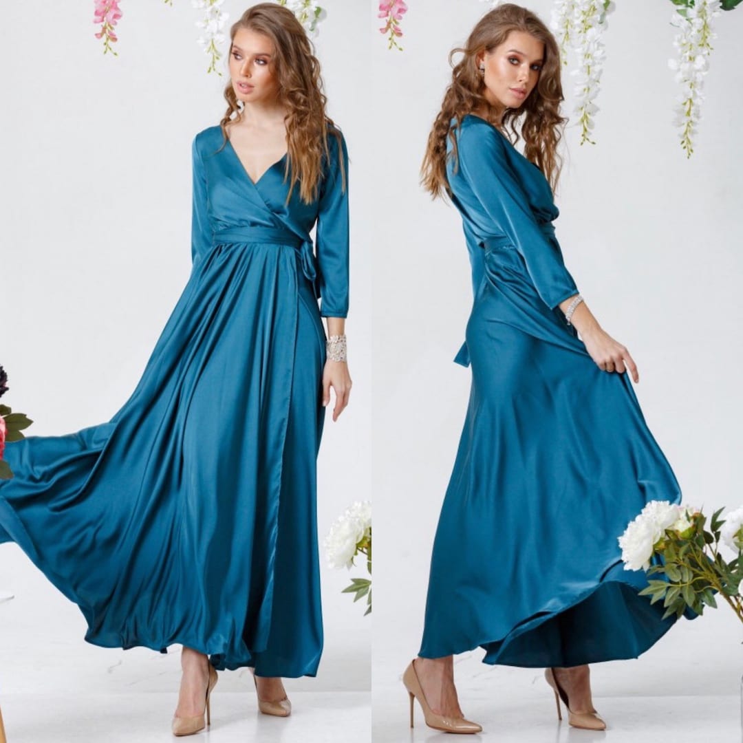 Aquamarine Wrap Dress, 3/4 Sleeve Long Dress, Silk Maxi Dress, Wrap ...
