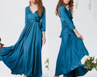 Aquamarine Wrap Dress, 3/4 sleeve Long Dress, Silk Maxi Dress, Wrap Bridesmaid Gown, Bridesmaid Wrap Dress, Bridesmaid Maxi Dress