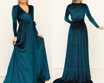 Dark teal glitter velvet dress Long sleeve sparkle velvet dress Celestial wrap maxi dress Goddess long train prom gown Velvet bridesmaid dre