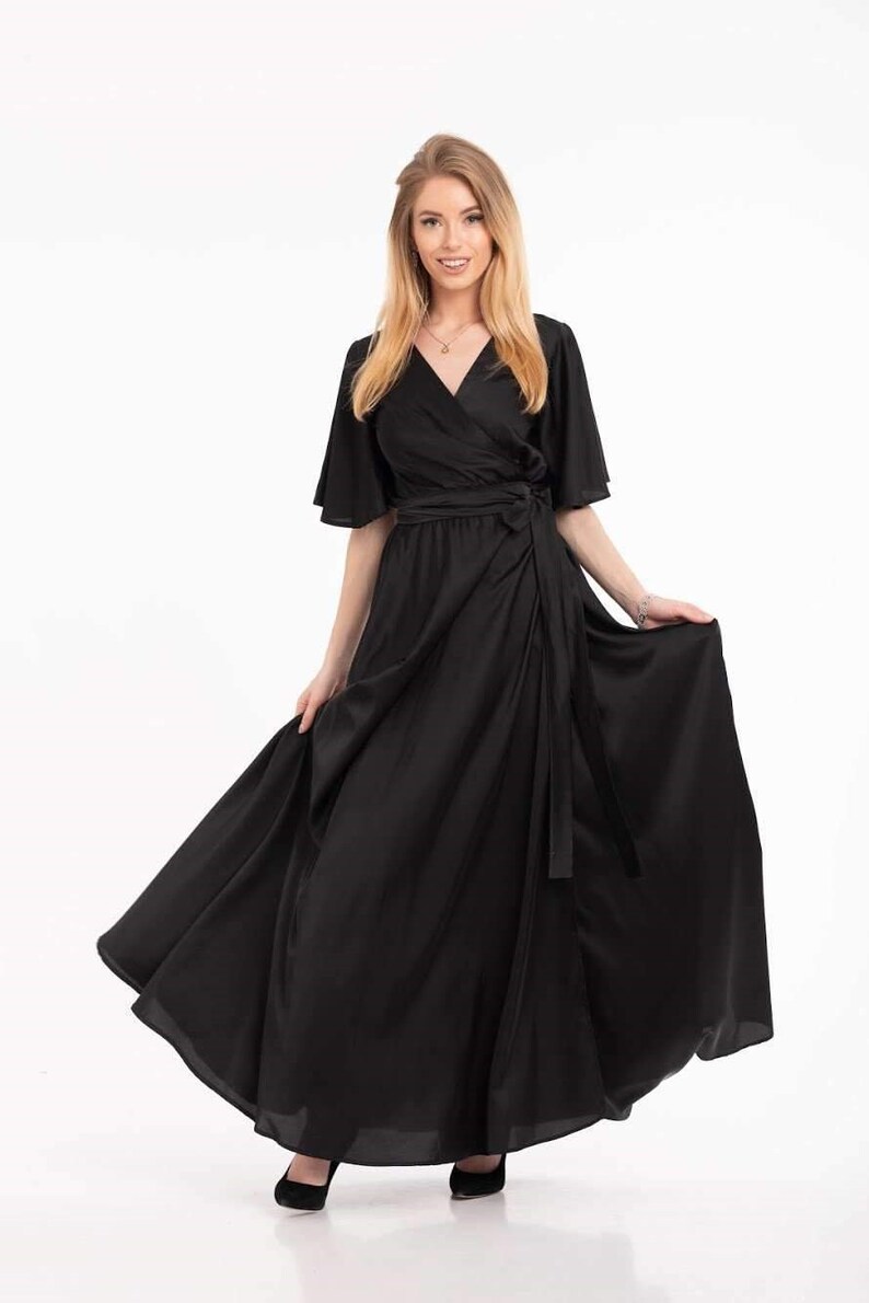 Champagne Wrap Dress Flutter Sleeve Long Dress Silk Maxi Black
