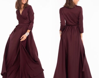 Burgundy Wrap Dress, 3/4 sleeve Long Dress, Silk Maxi Dress, Wrap Bridesmaid Gown, Bridesmaid Wrap Dress, Bridesmaid Maxi Dress