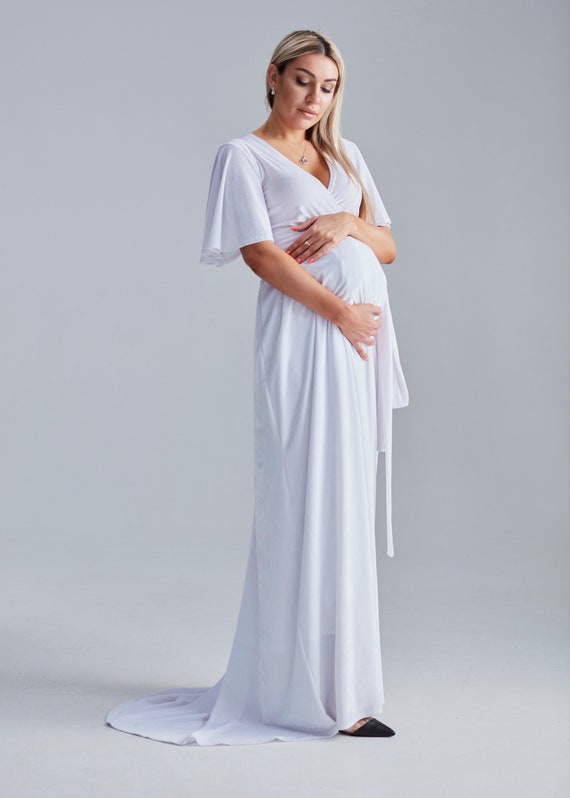 White Velvet Dress With Train Flutter Sleeve Maternity Velvet