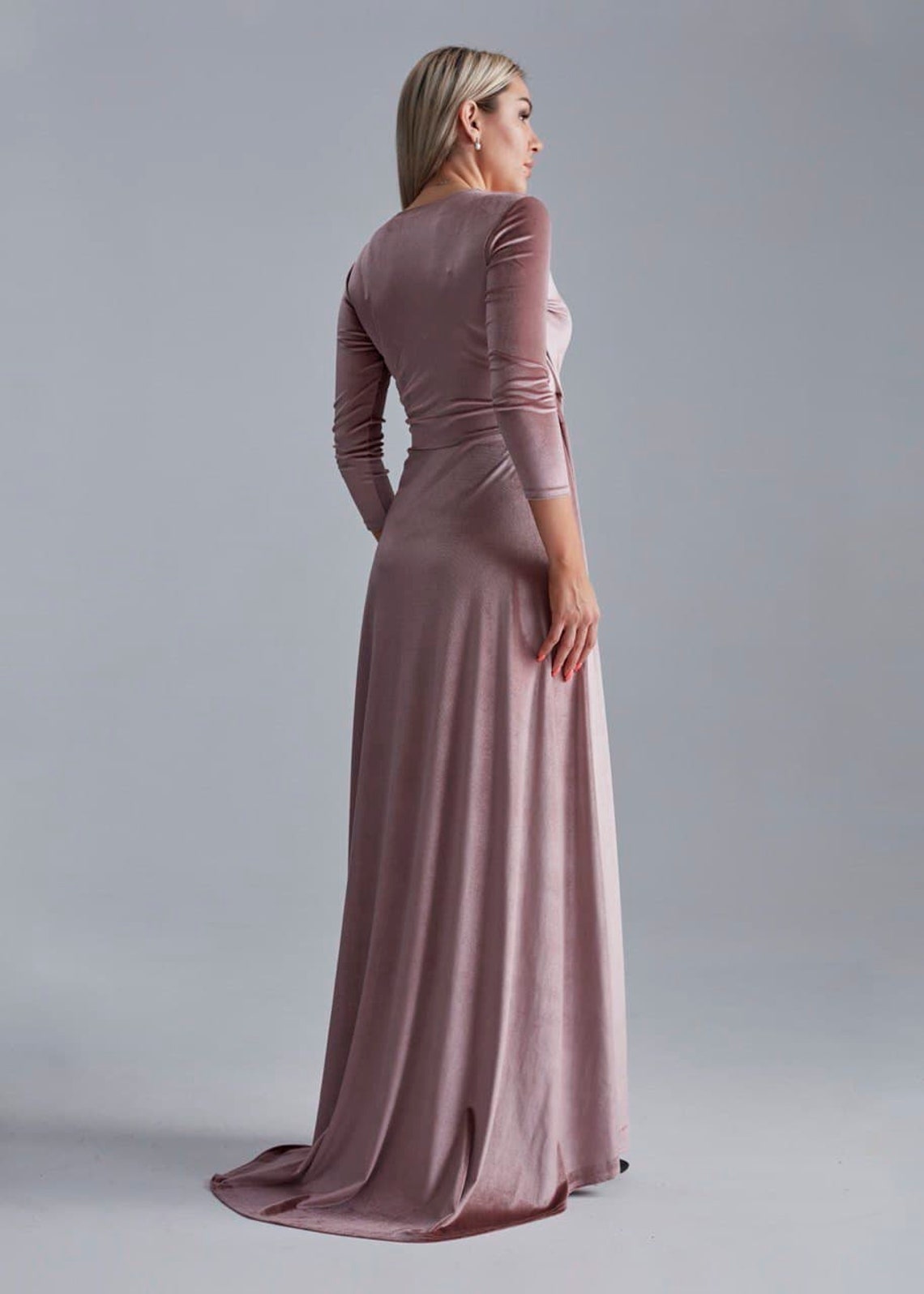 Mauve Velvet Dress with Train Long Sleeve Velvet Dress Wrap | Etsy