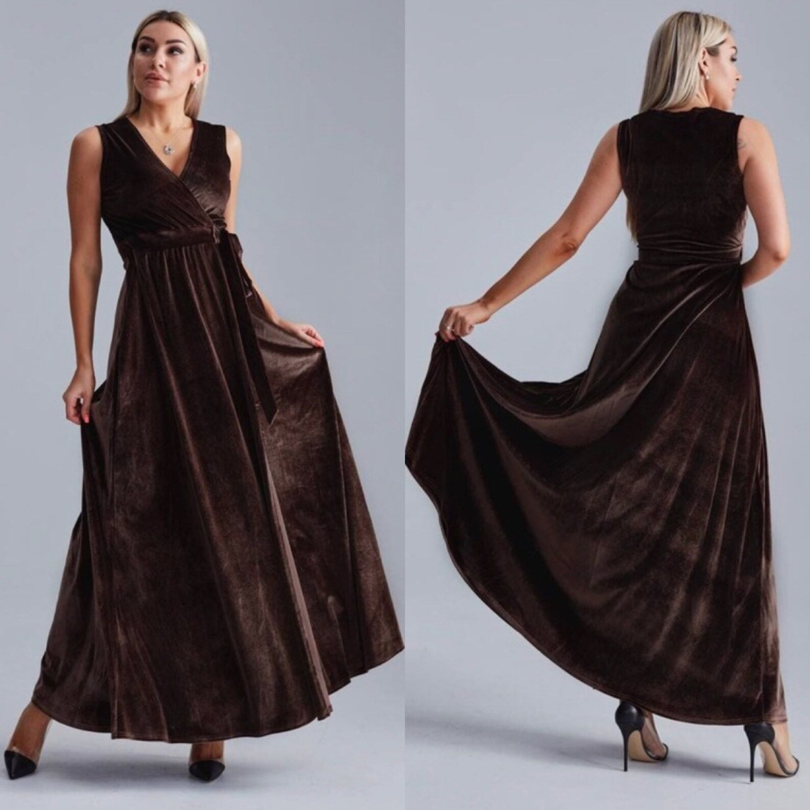 Brown Velvet Dress Sleeveless Velvet Dress Wrap Maxi Dress Etsy