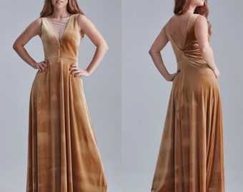 Gold Velvet Dress, V-Neck Velvet Dress, Party Maxi Dress, Bridesmaid Deep Back Gown, Velvet Bridesmaid Dress, A-line Velvet Net  Dress
