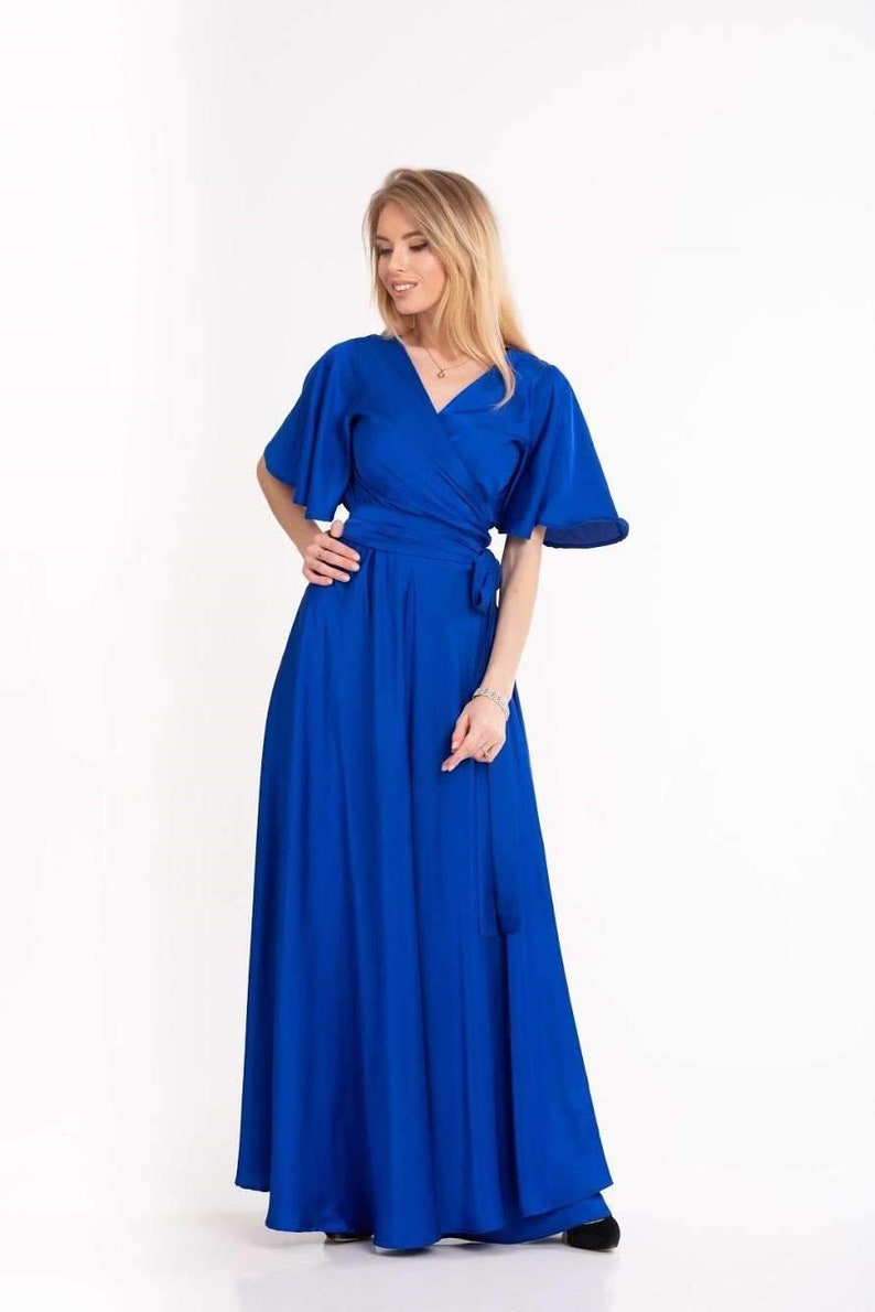 Champagne Wrap Dress Flutter Sleeve Long Dress Silk Maxi Electric Blue