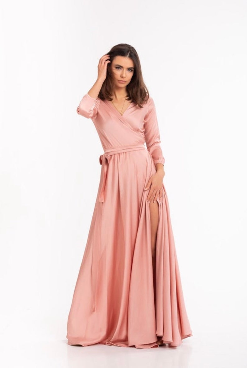 Aquamarine Wrap Dress 3/4 sleeve Long Dress Silk Maxi Dress Rose gold