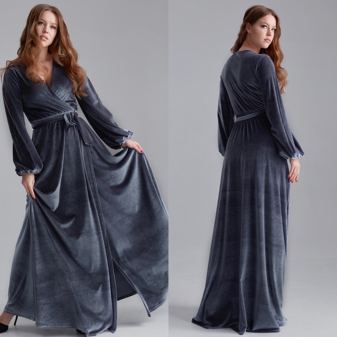 Gray Velvet Dress, Sheer Long Sleeve Velvet Dress, Wrap Maxi Dress