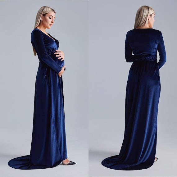 Navy Blue Velvet Dress with Train, Long Sleeve Velvet Dress, Maternity Wrap Maxi Dress, Bridesmaid Wrap Gown with Train