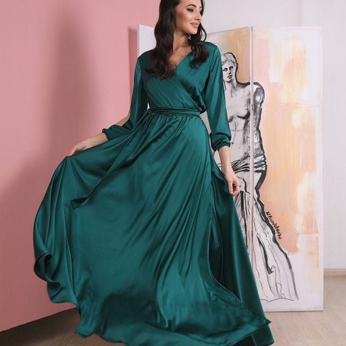 Emerald Green Silk Maxi Dress With Train Emerald Bridesmaid - Etsy Canada