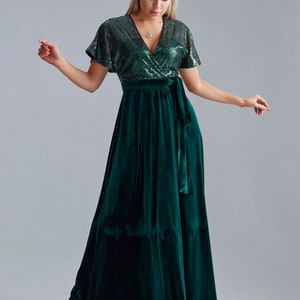 Emerald Green Velvet Wrap Dress, Flutter Sleeve Sequin Dress With Train ...