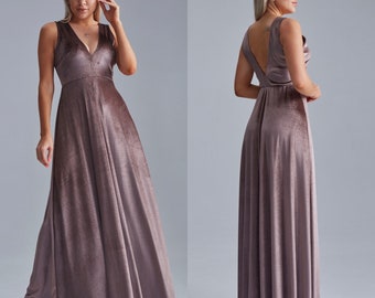 Dark Cappuccino Velvet Dress, V-Neck Velvet Dress, Party Dress, Bridesmaid Deep Back Gown, Velvet Bridesmaid Dress, A-line Velvet Net  Dress