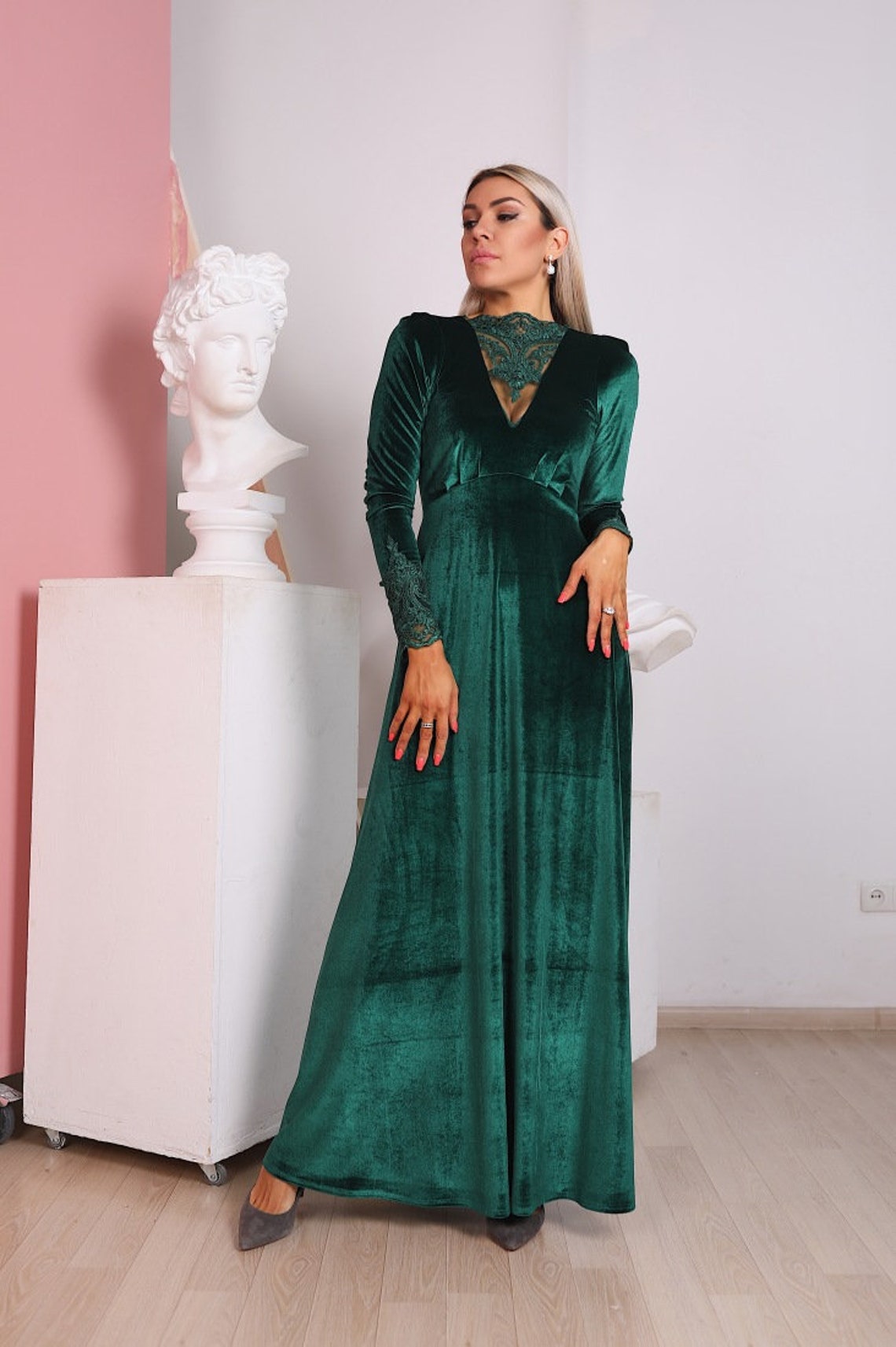 Emerald Green Velvet Dress with Lace Breast Long Sleeve | Etsy