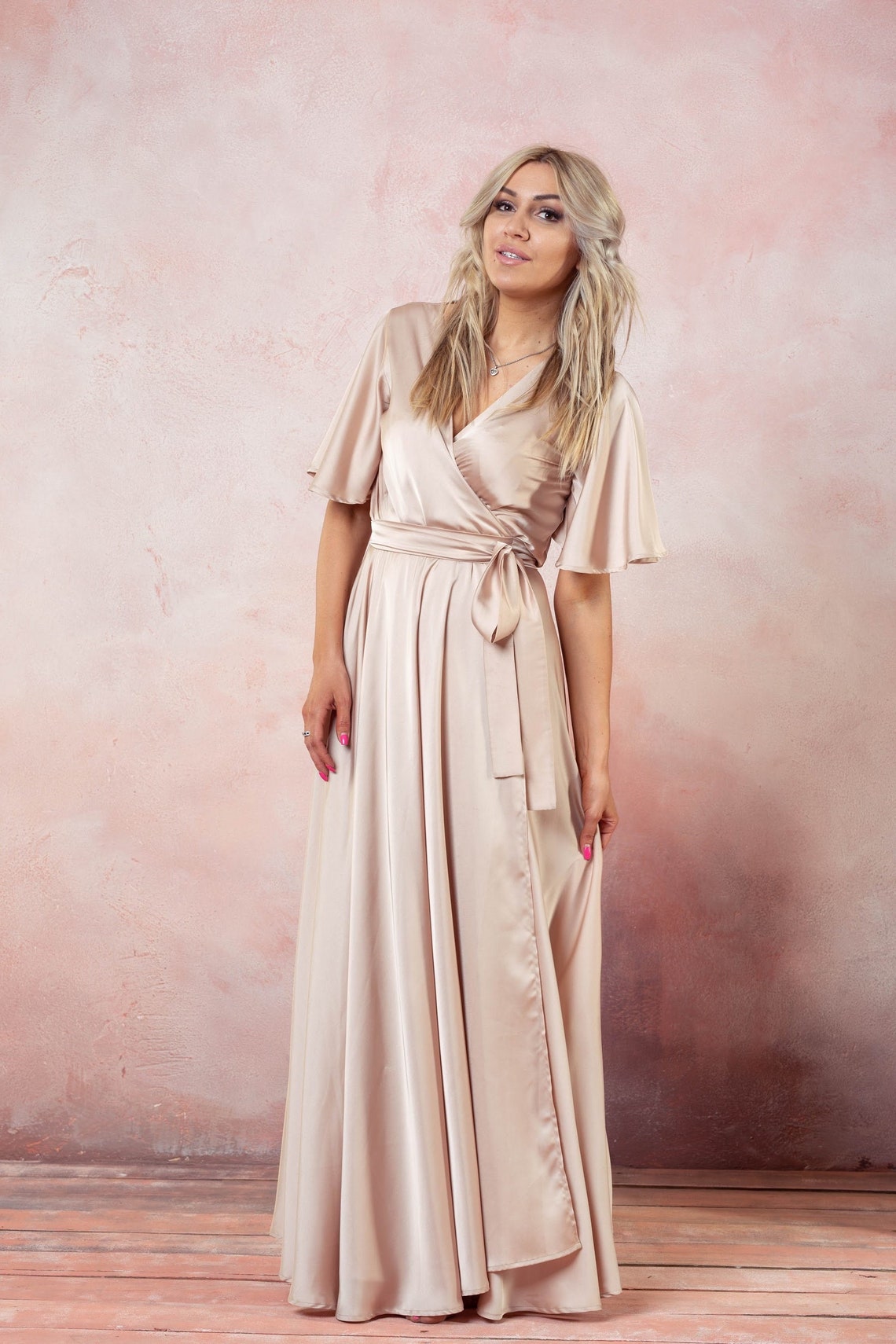 Champagne Wrap Dress Flutter Sleeve Long Dress Silk Maxi Champagne