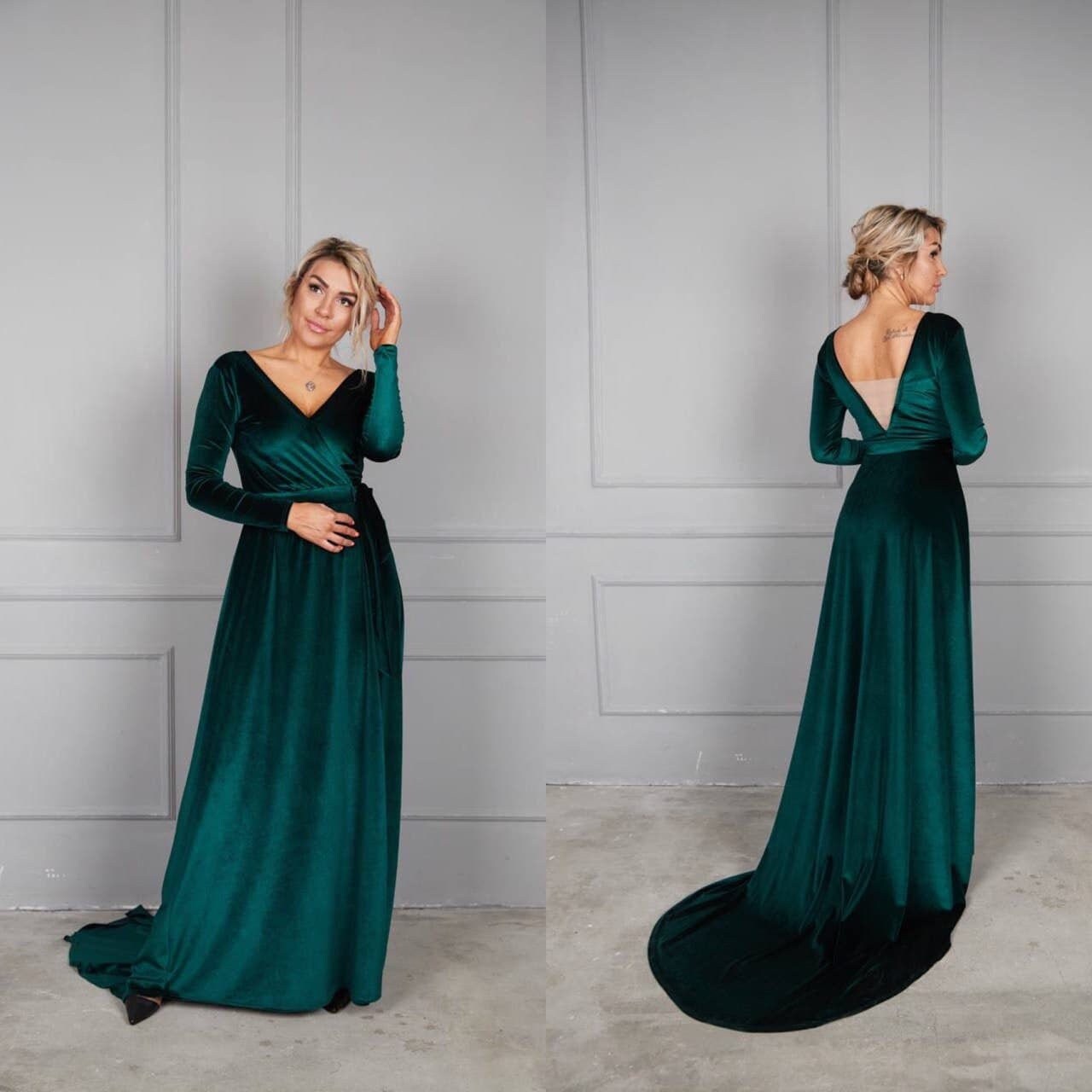 Dark Green Velvet Dress With Train Wrap 