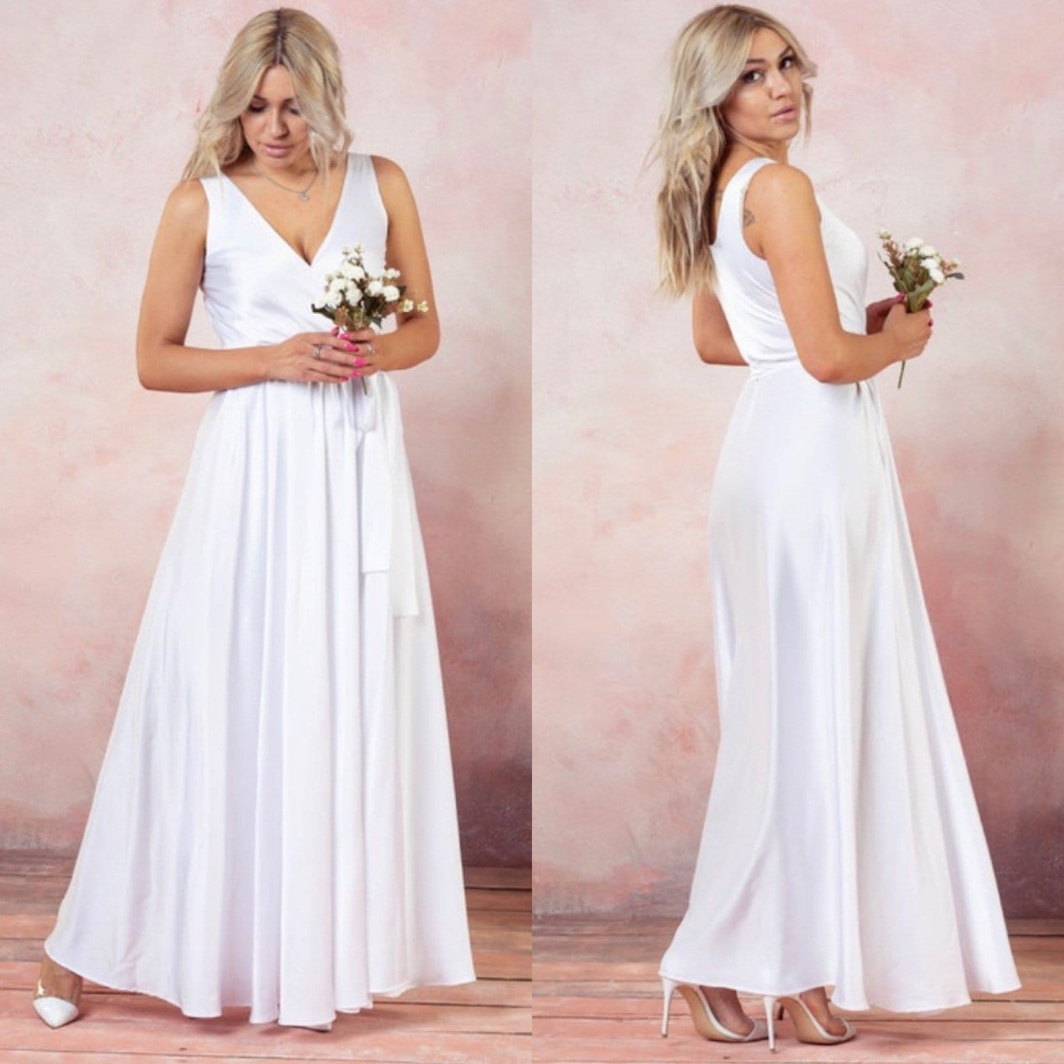White Wedding Dress Sleeveless Long Dress Silk Maxi Dress