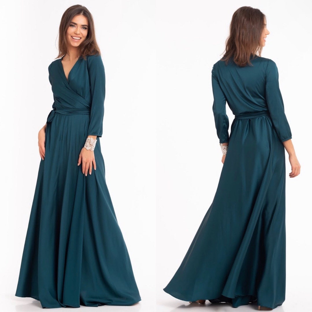 Dark Green Wrap Dress 3/4 Sleeve Long Dress Silk Maxi Dress - Etsy