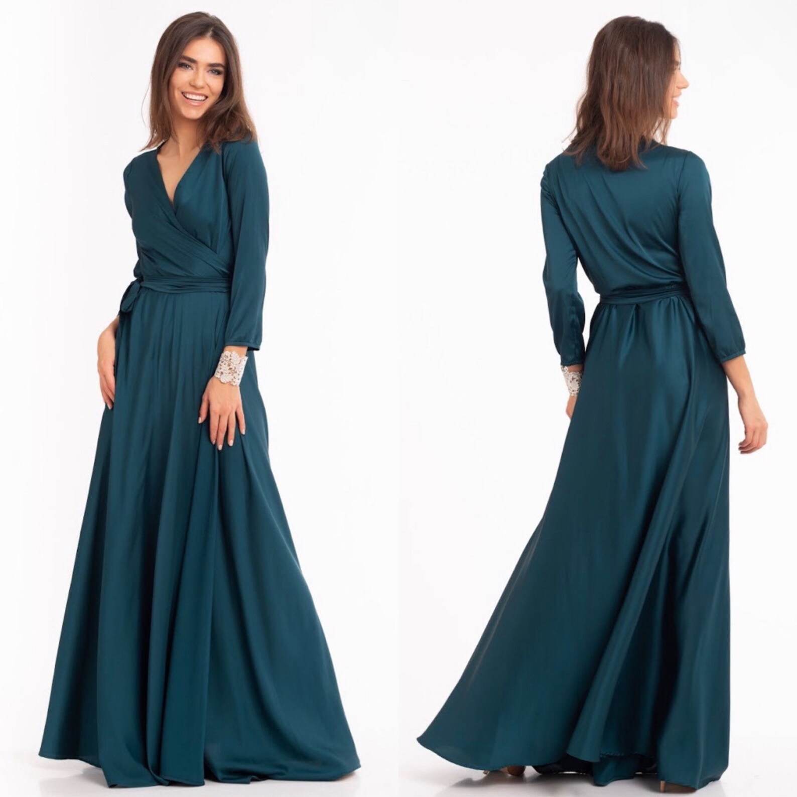 Dark Green Wrap Dress 3/4 Sleeve Long Dress Silk Maxi Dress Etsy