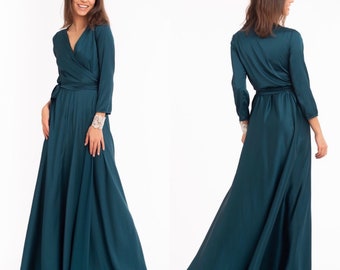 Dark Green Wrap Dress, 3/4 sleeve Long Dress, Silk Maxi Dress, Wrap Bridesmaid Gown, Bridesmaid Wrap Dress, Bridesmaid Maxi Dress