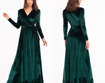 Emerald Green Velvet Dress, Long Sleeve Velvet Dress, Wrap Maxi Dress, Bridesmaid Wrap Gown, Velvet Bridesmaid Dress