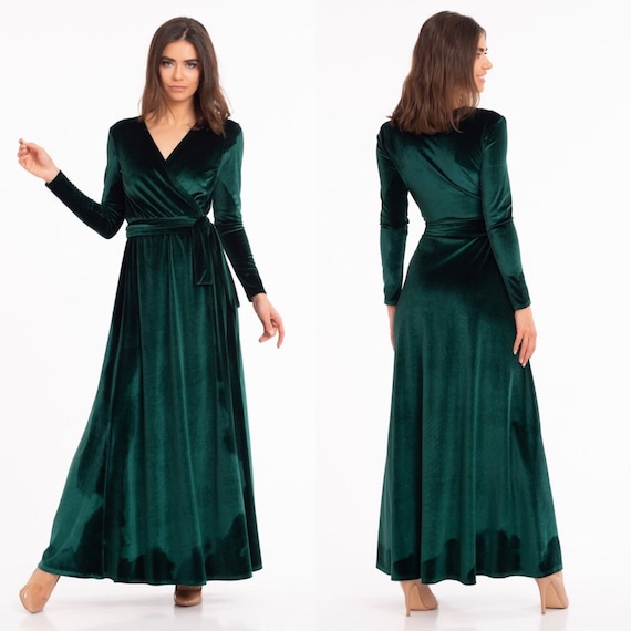 Emerald Green Velvet Dress Long Sleeve Velvet Dress Wrap - Etsy