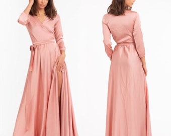 Rose Gold Wrap Dress, 3/4 sleeve Long Dress, Silk Maxi Dress, Wrap Bridesmaid Gown, Bridesmaid Wrap Dress, Bridesmaid Maxi Dress